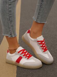 Giày thể thao đế dày buộc dây phía trước bằng vải nhung chắp vá cho nữ, giày thường ngày đế dày nhẹ mới, giày thể thao phong cách mùa thu cho học sinh - Đỏ và trắng - Xem 7