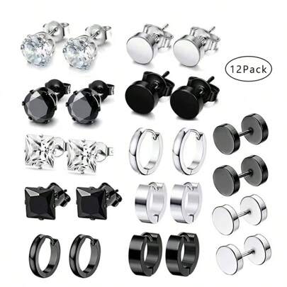 12 Pairs Men's Punk Style Stainless Steel Earrings Set, Creative And Fashionable Jewelry Hoop Earrings For Men