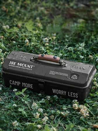 1 pieza Caja de almacenamiento de herramientas para exteriores, caja de herramientas de metal portátil para camping y picnic con asa, caja de almacenamiento de artículos varios con pegatinas para camping al aire libre