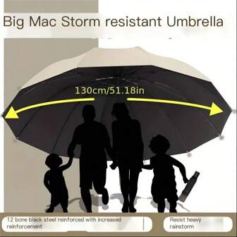 1pc Extra-Large 12-Rib Windproof And Waterproof Folding Umbrella, 12 Sturdy Reinforced Ribs Durable Umbrella For Men And Women, Large Solid Color Folding Umbrella With UV Protection Function, Casual Light And Durable Portable Umbrella For Men And Women, Back To School Supplies