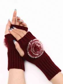1pair Short Hairball Gloves New Autumn And Winter Fashion Knitted Wool Cuff Warm Half-Finger Mittens - Multicolor - View 8