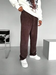 男士灯芯绒直筒休闲工装裤，纯色，简约风格，适合日常穿着 - 鏽棕色 - 查看 1