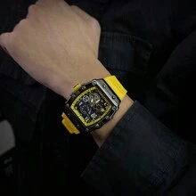 EA 1pc Men's Black Rubber Strap Racing-Themed Hollow Design Stylish Timepiece With Barrel-Shaped Gift Box Packaging, Cool Personalized Fashion Holiday Gift For Him, Christmas Gifts