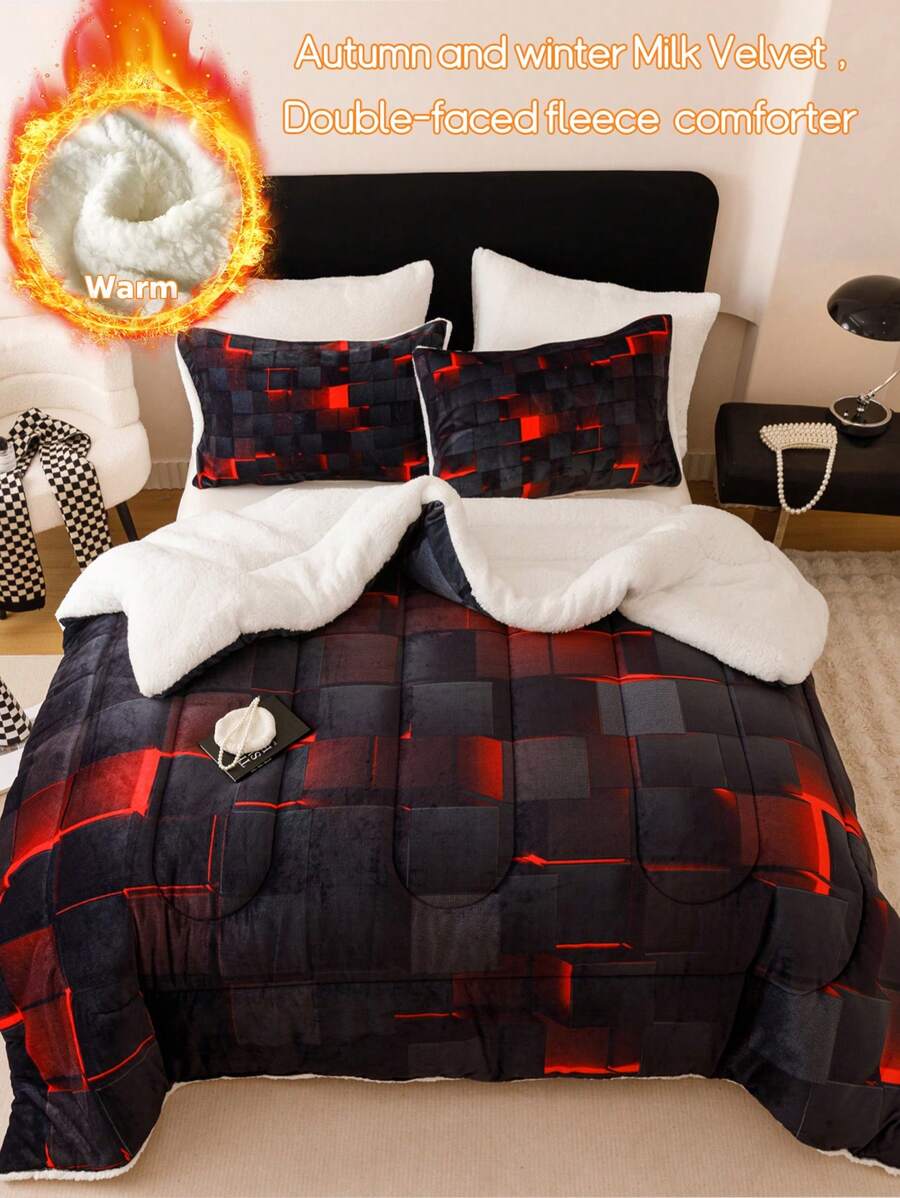 3PCS Winter Keep Warm Thickening Super Soft Velvet Type Sense Of Technology Lattice 220g Milk Velvet 180g Grams Of Lamb Wool Quilt Set (1 Quilt+2 Pillowcase Without Pillow Core), Bedroom Dormitory Quilting Soft And Breathable