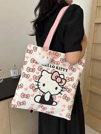 Sanrio Hello Kitty KT Cat Cartoon Canvas Bag Female Student Tote Bag Large Capacity Single Shoulder Tote Bag, Hello Kitty Bag ,Hello Kitty Canvas Bag Kitty Single Shoulder Tote Bag Student Class Ladies Shopping Bag Tote Bag,Sanrio 1pc Removable Cute Hello Kitty Canvas Tote Bag - Large Capacity, Fashion Ladies Shoulder Handbag, Multi-Functional (May Have Loose Threads Due To Production),Boho Vibes