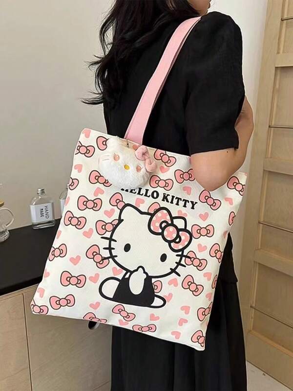 Sanrio كيس قماش كانفاس مع شخصية القطة كيتي من ساتريو، حقيبة كتف ذات سعة كبيرة للطالبات والسيدات، حقيبة كيتي من القماش الكانفاس، حقيبة كتف منفردة لطالبات المدارس والسيدات للتسوق، حقيبة كيتي كانفاس قابلة للإزالة من ساتريو بسعة كبيرة، حقيبة كتف أنيقة متعددة الوظائف للسيدات (قد تكون هناك خيوط مرتخية بسبب الإنتاج)، نغمات بوهو