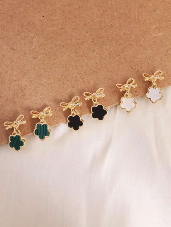 1 Pair Sweet Fashion Bow Flower & Clover Clip On Earrings, Suitable For Daily Wear, Ear Piercing Not Required