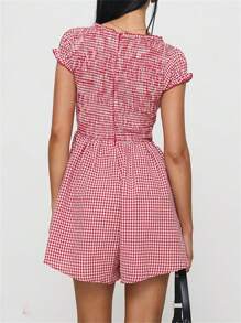 Women's Y2K Gingham Ruched Mini Romper Dress Plaid Short Sleeve Deep V Neck Bow Front Smocked Waist Summer Wide Leg Short Jumpsuits Babydoll Dresses Summer Streetwear - 紅色 - 查看 5