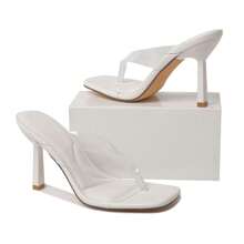 Women's Red Nude White Clear Strap Thong High Heel Sandals – Comma Heel Square Toe Dress Shoes [Size Up Half Size] - 白色 - 查看 5