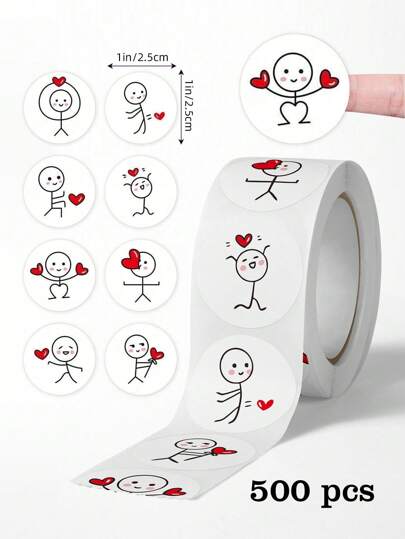 500pcs/Roll Stick Figure Stickers, Cartoon Cute Creative Labels, Round Stickers For Scrapbooking, Mother's Day Gifts, Gift Wrapping, Heart-Shaped Stickers,School Supplies,Back To School