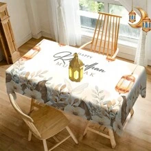 1 pièce Nappe thème Eid, design de lanternes dorées et de fleurs, nappe de table rectangulaire lavable en polyester, pour les fêtes, pique-niques et dîners, décoration de fête festive, décoration de Ramadan - disponible en plusieurs tailles