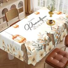 1 pièce Nappe thème Eid, design de lanternes dorées et de fleurs, nappe de table rectangulaire lavable en polyester, pour les fêtes, pique-niques et dîners, décoration de fête festive, décoration de Ramadan - disponible en plusieurs tailles