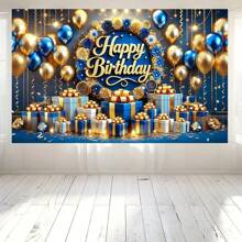 1pc Birthday Banner, "Happy Birthday" 3D Gold Text + Blue & Gold Balloon Gift Pattern, 70.87*43.31 Inches Blue Background, Decoration, Photography Prop - 1 - View 4