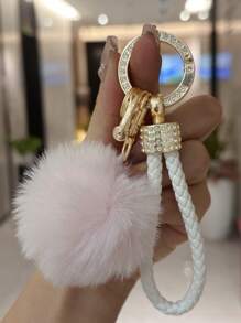 TTOBS 1pc Elegant Braided Leather Keychain With Fluffy Pompom Charm - Durable, Stylish & Versatile Women Key Holder - Multiple Colors, Perfect Car Owner Accessory, Fashionable Gift Idea
