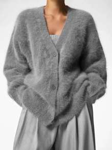 Lazy V-Neck Mink Fur Sweater Coat For Women, Autumn/Winter 2025 New Loose Fuzzy Knitted Card - Màu xám đen - Xem 3