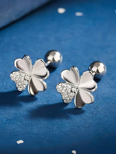 女士纯银镶水钻四瓣花耳环，精美耳钩，四叶草线珠耳环情人节