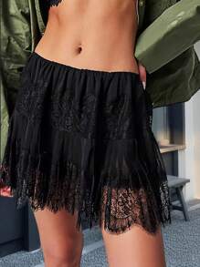Women Y2k Lace Mini Skirts Summer Lace Slip Skirt Pleated Ruffle Floral Lace Tiered Short Skirts Underskirt Layered Flowy Skirts - 黑色 - 查看 1