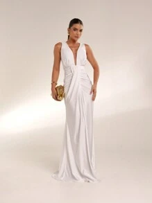 Vestido Yris Trilobal Fenda Lateral Longo Festa Madrinha - Branco - Visão 4