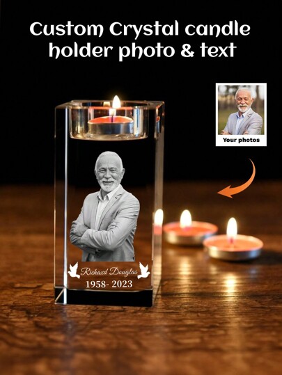 1pc Custom Crystal Candlestick Photo Text, Custom 3D Family Portrait, 3D Engraved Crystal Photo Text, Custom Candle Holder Photo Text, Memorial Candle Votive, Dog Memorial Gift Birthday Gift, Valentine's Day, Valentine's Day Decor Exquisite,Vintage Custom,Personalized,Unique Ideal Gifts For Her Boyfriend,Girlfriend,Dad,Mom,Family,Friends,Pets Home,Living Room Graduation,Slow Summer Living,Customized Crafts,Home Refresh