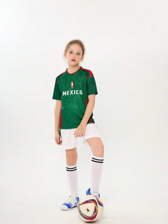 SURUIDA 2 件套青少年男孩和女孩休闲足球服圆领印花 T 恤，墨西哥风格户外活动运动套装，团队搭配，夏季短袖