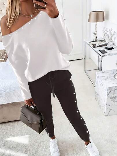Women's Solid Color Casual Long Sleeve Top And Pants 2pcs Outfit