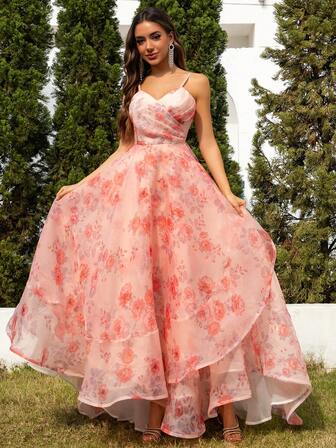 Brautjungfern Ballkleid mit rosa Aufdruck und Spaghettiträger Rücken, Kleid für Bridal-Shower, Hochzeitskleid