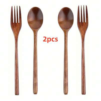 1/2pcs Wooden Spoon And Fork Set, Utensils For Food, Dessert, Soup, Salad, Fruit, Travel Cutlery, Pasta Fork, Mixing Utensils, Kitchen Gadgets, Mother's Day Gift, Suitable For Family Gatherings,School Supplies