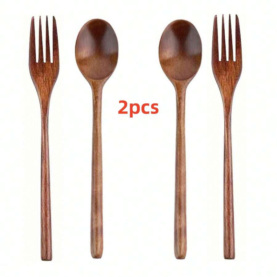 1/2pcs Wooden Spoon And Fork Set, Utensils For Food, Dessert, Soup, Salad, Fruit, Travel Cutlery, Pasta Fork, Mixing Utensils, Kitchen Gadgets, Mother's Day Gift, Suitable For Family Gatherings,School Supplies