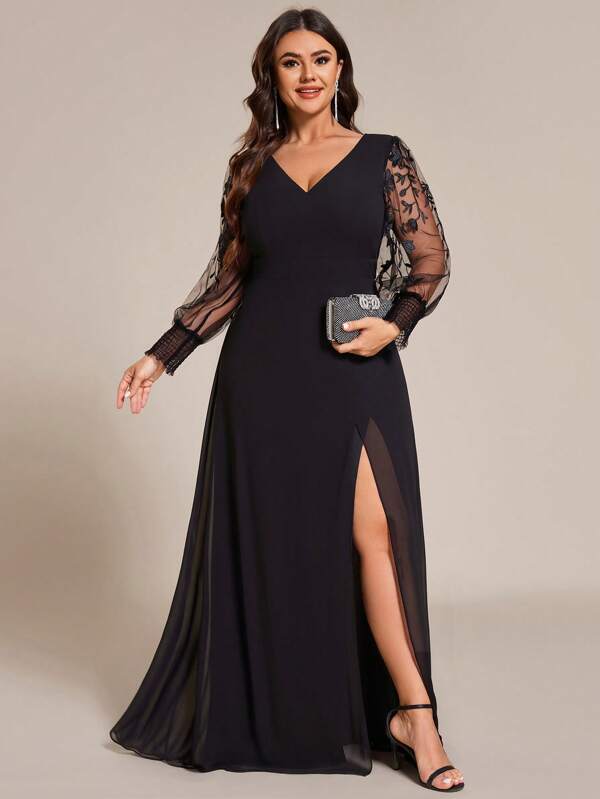 EVER-PRETTY Elegantes Abendkleid in Große Größen mit Chiffon, hohem Schlitz, Laternärmeln und Stickerei, Partykleid, Hochzeitsgast-Kleid, Abendrobe, Festkleid