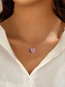 1pc/Set 925 Sterling Silver Purple Heart-Shaped Rhinestone Necklace Ring & Earring Set For Women Fine Jewelry Gift