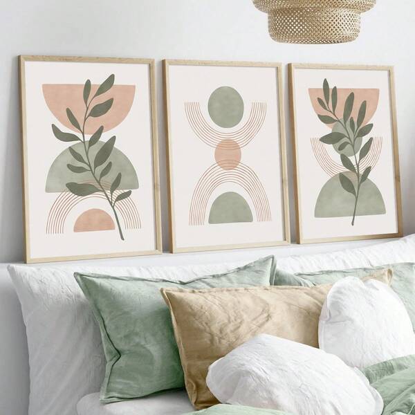 Conjunto de 3 impressões de parede botânicas Boho verde pêssego, impressão de meados do século verde sálvia, pôsteres de tela verde sálvia, decoração de parede minimalista natural, decoração de primavera, obras de arte para sala de estar, quarto, café, bar, escritório, corredor, decoração de casa e quarto, sem moldura