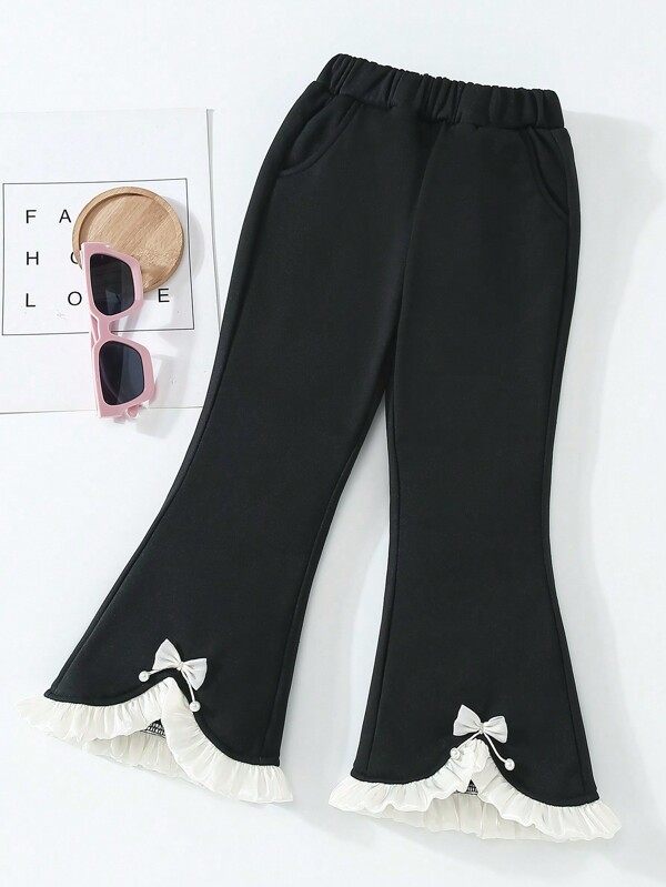 Young Girls' Flared Pants, Black Casual Sport Pants, Fashionable Home Wear Butterfly Decorative Flare Pants