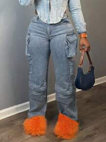 American Fashion Multi-Pocket Denim Cargo Pants For Women - Rửa nhẹ - Xem 1