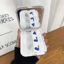 多彩爱心小镜子化妆镜便携折叠化妆镜梳子一体式套装袖珍镜带梳子-可爱节日礼物 - 藍色 - 查看 9