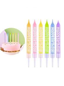 6pcs Assorted Candy Color Happy Birthday Print Candles For Birthday Party Cake Decorations