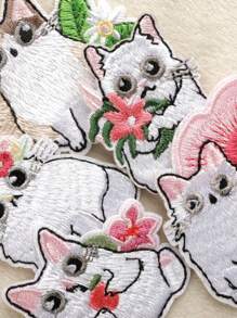 paquete de 5 parches de bordado DIY con estampado floral y de gato, adorables apliques de estilo de dibujos animados de poliéster para planchar o coser en ropa, bolsas, zapatos, sombreros, decoración del hogar
