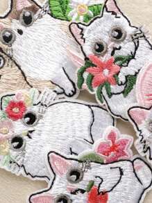 paquete de 5 parches de bordado DIY con estampado floral y de gato, adorables apliques de estilo de dibujos animados de poliéster para planchar o coser en ropa, bolsas, zapatos, sombreros, decoración del hogar