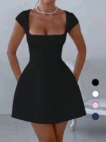 Abito mini a-line con colletto quadrato e maniche corte da donna, autunno