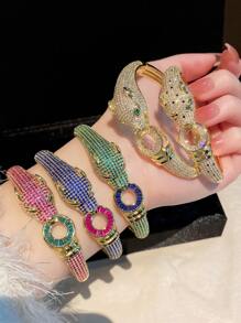 1pc Luxury Multicolor Cubic Zirconia Leopard Pattern Elegant Copper Bangle Bracelet, Gift For Mom, Formal Event Accessory
