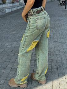 Women's Retro Straight-Leg Ripped Jeans For Everyday Wear - Mustard Yellow - View 5