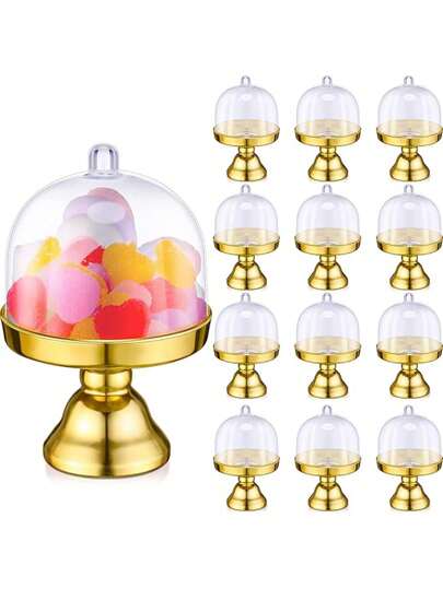 12 Stücke Mini Kuchenständer Set mit Glasglocken, Kunststoff Cupcake Halter, klare Dessert Präsentationsteller, Süßigkeiten & Schokolade Behälter, geeignet für Hochzeiten, Brautduschen, Junggesellinnenabschiede, Abschlussfeiern und verschiedene Feiern, Karnevals-Thema, universell für Feiertage, ohne Strombedarf