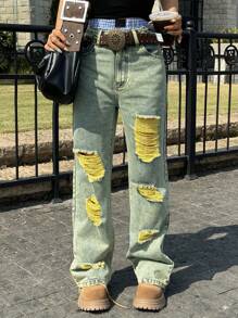 Women's Retro Straight-Leg Ripped Jeans For Everyday Wear - Mustard Yellow - View 3