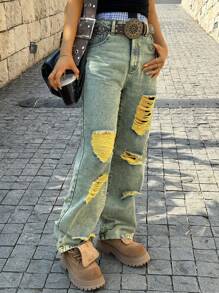 Women's Retro Straight-Leg Ripped Jeans For Everyday Wear - Mustard Yellow - View 4