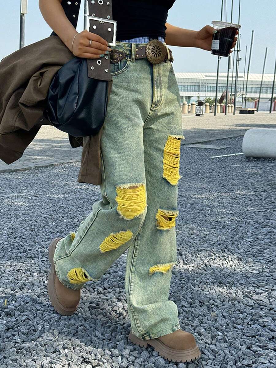 Women's Retro Straight-Leg Ripped Jeans For Everyday Wear - Mustard Yellow - View 1