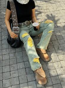 Women's Retro Straight-Leg Ripped Jeans For Everyday Wear - Mustard Yellow - View 2