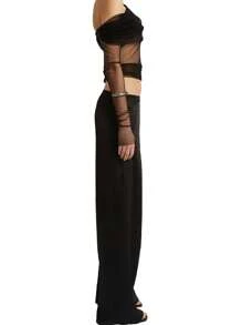 Women Crop Shirt, Long Sleeves Off Shoulder Pleated Solid Color Casual Party Street Summer Tops - màu đen - Xem 4