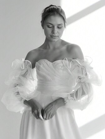 1 par långa brudhandskar med lyktaärm, fingerlösa handskar med satinbandkant i nät, romantiska avtagbara ärmar för bröllopsklänning, höstaccessoarer