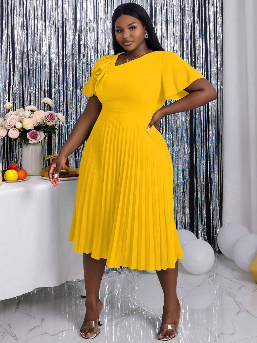 Plus Size Women Asymmetric Neckline Elegant Ruffle Sleeve A-Line Dress, Suitable For Commute, Graduation Ceremony, Church Service, Graduation Gown - Màu vàng - Xem 1