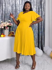 Plus Size Women Asymmetric Neckline Elegant Ruffle Sleeve A-Line Dress, Suitable For Commute, Graduation Ceremony, Church Service, Graduation Gown - Màu vàng - Xem 6