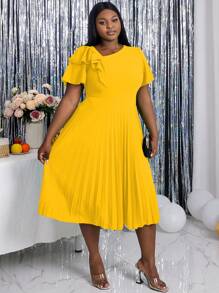 Plus Size Women Asymmetric Neckline Elegant Ruffle Sleeve A-Line Dress, Suitable For Commute, Graduation Ceremony, Church Service, Graduation Gown - Màu vàng - Xem 4